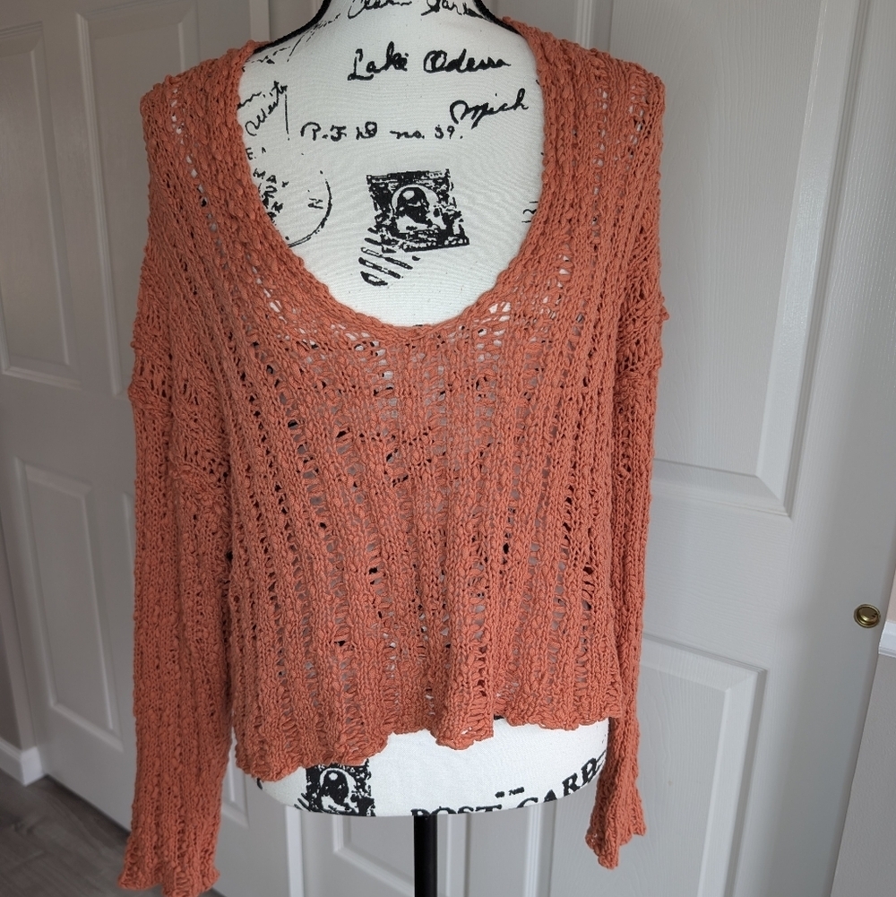 Free People Open-Knit Scoop Neck Sweater in Rust Orange